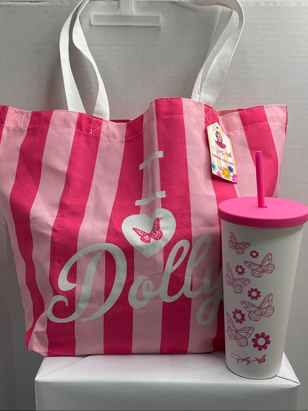 Dollcake Pink Striped Tote with Pink Butterfly Tumbler